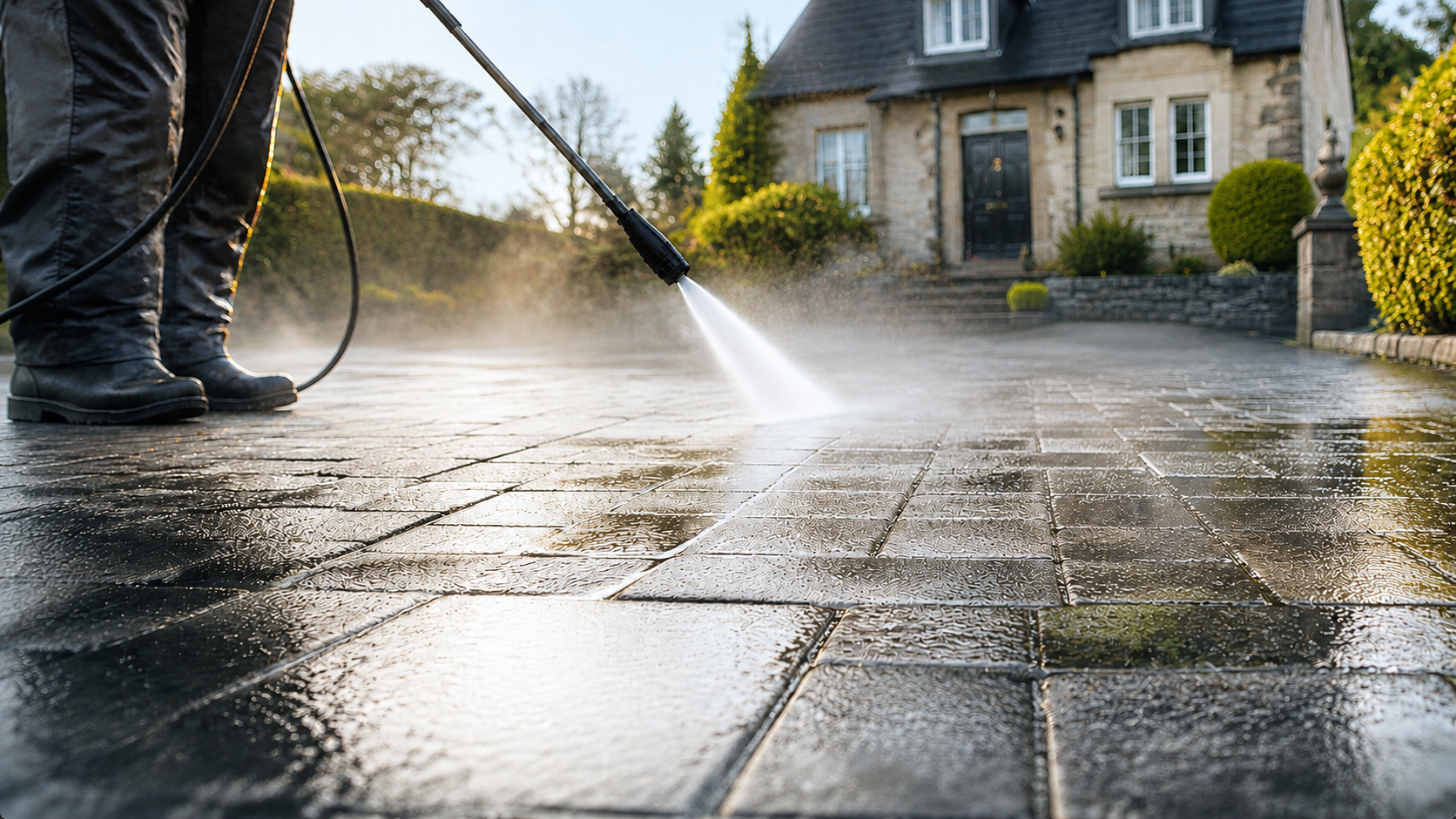 Pressure washing a block-paved driveway outside a home